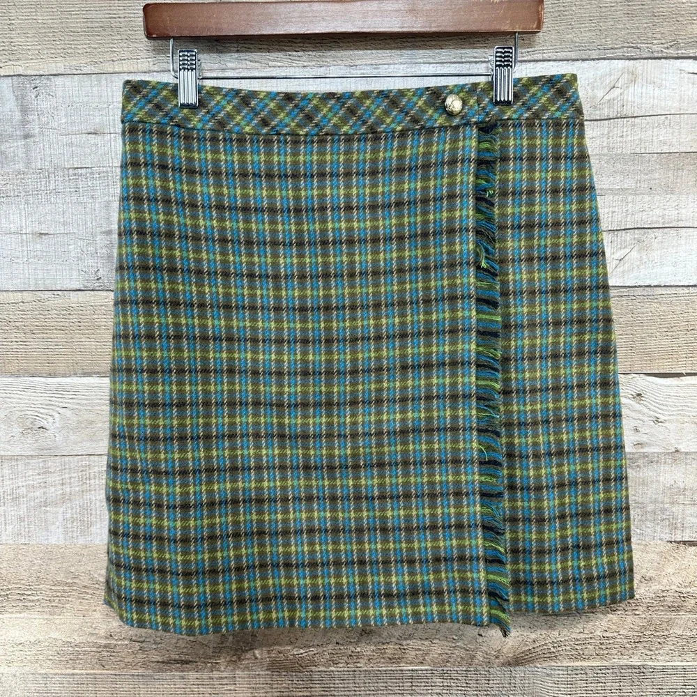 Talbots Petite Wool Blend Faux Wrap Fringe Plaid Skirt Olive Blue Green 10P